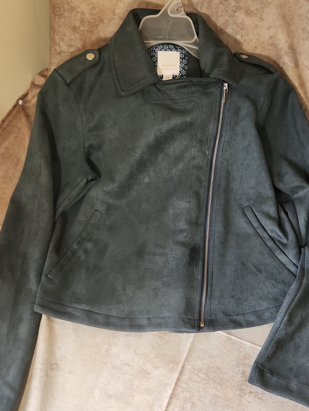 LC Lauren Conrad Teal- Green Suede-Look Asymmetric Zip Jacket